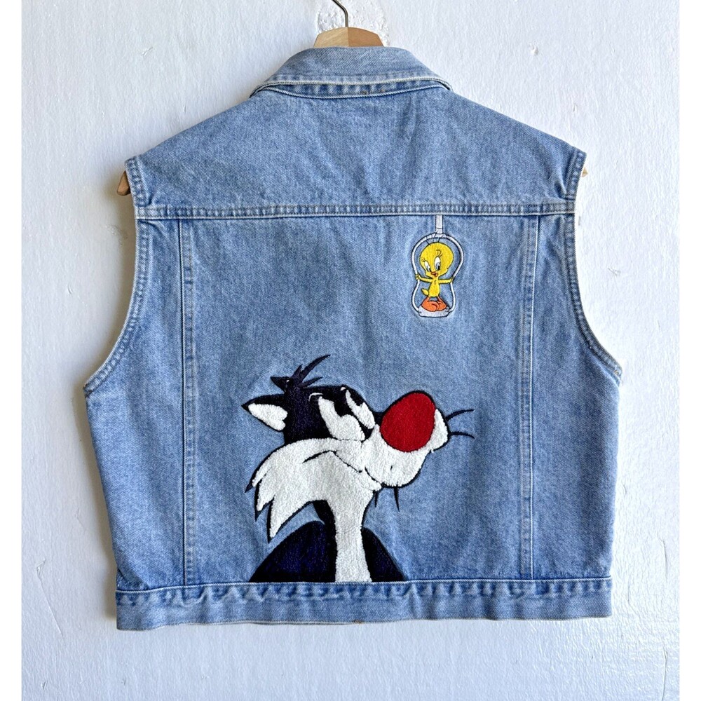 VTG Warner Bros Studio Store Looney Tunes Denim Vest Womens L Sylvester Tweety